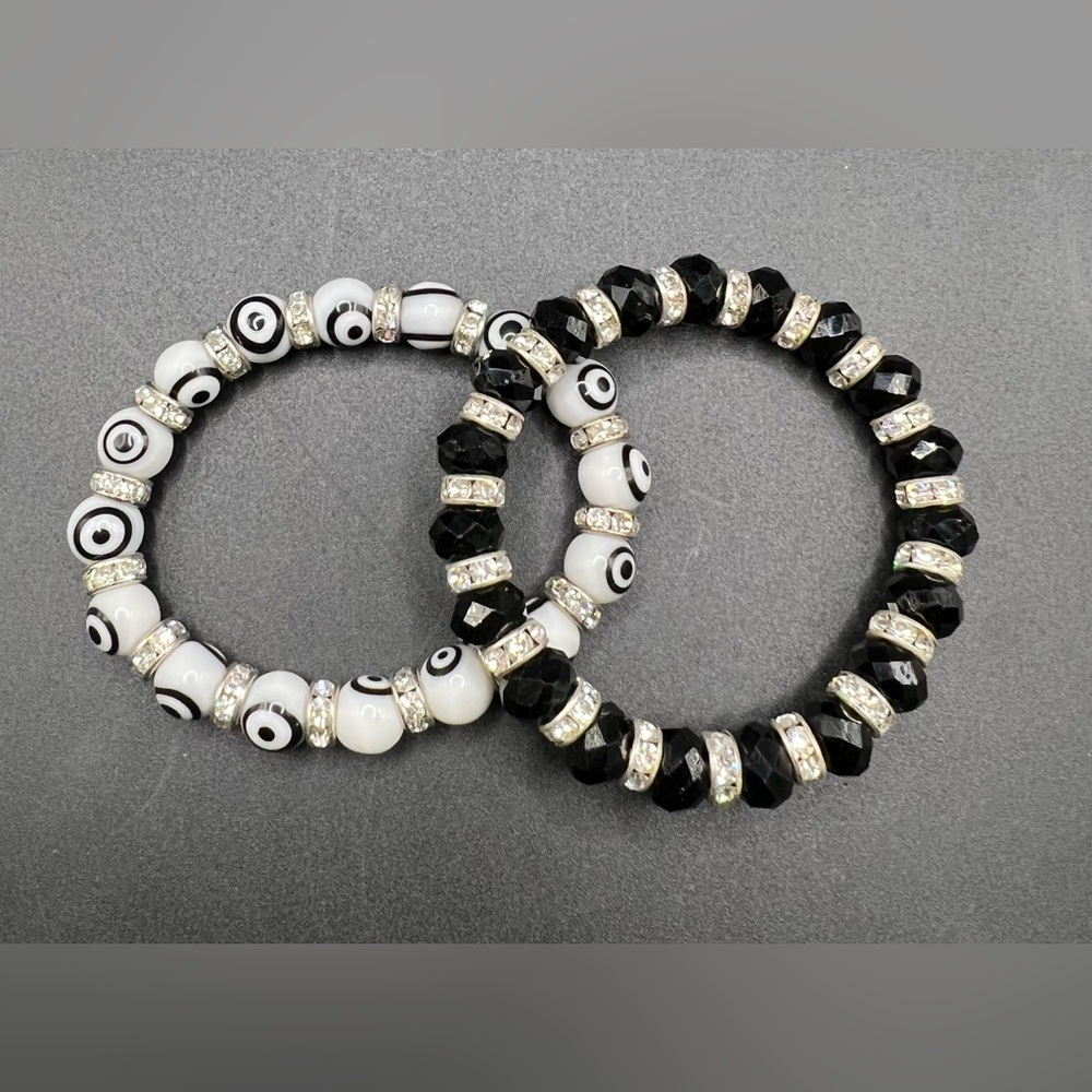 White Evil Eye Beads and rhinestones Stretch and Black and rhinestones set